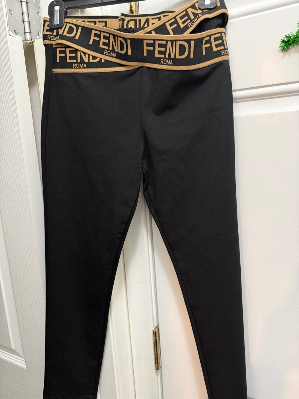 Fendi Kids Black Leggings with Gold Logo Waistband